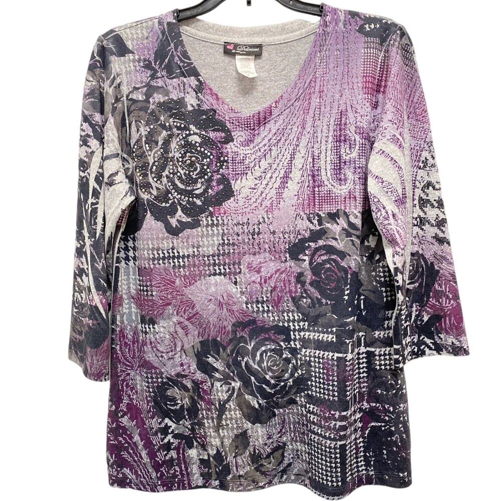 Love Delirious Womens Medium VNeck Houndstooth Roses Print Y2K Purple Top Blouse